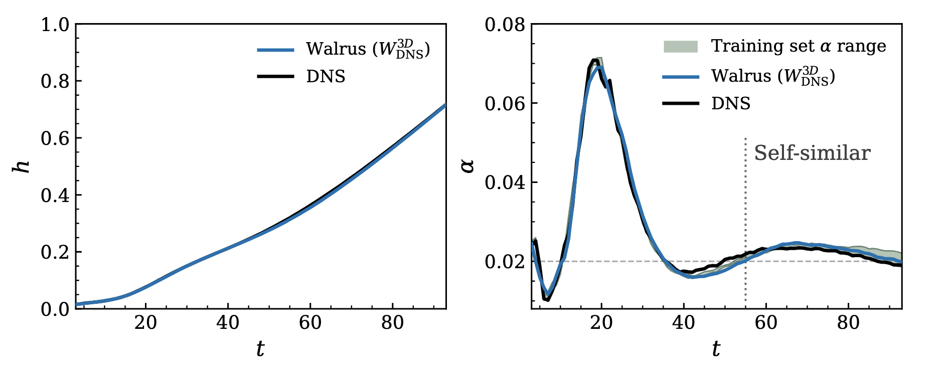 Mixing layer height h(t) and growth rate coefficient alpha(t) comparing DNS and Walrus rollout